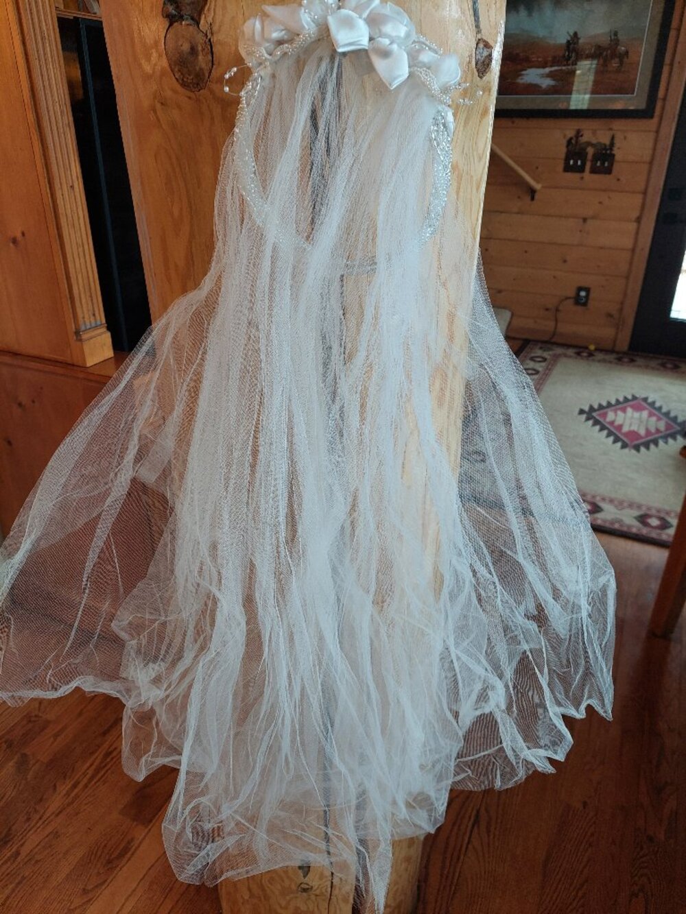 Vintage Wedding Veil tule, pearls, fabric rose buds light ivory color